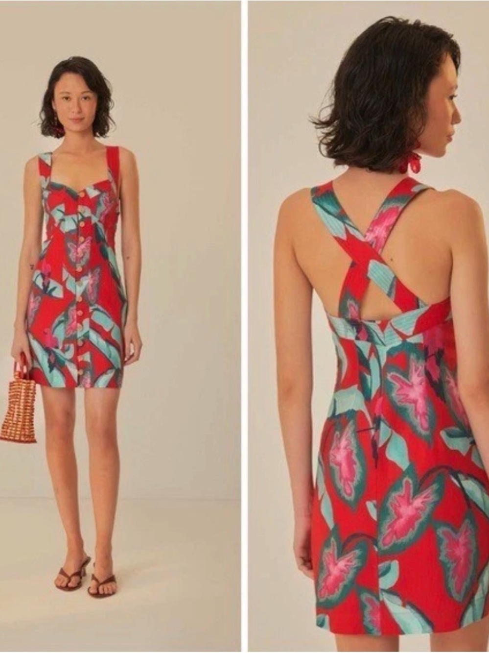 NWT Farm Rio summer foliage red Floral Linen Mini Dress  M